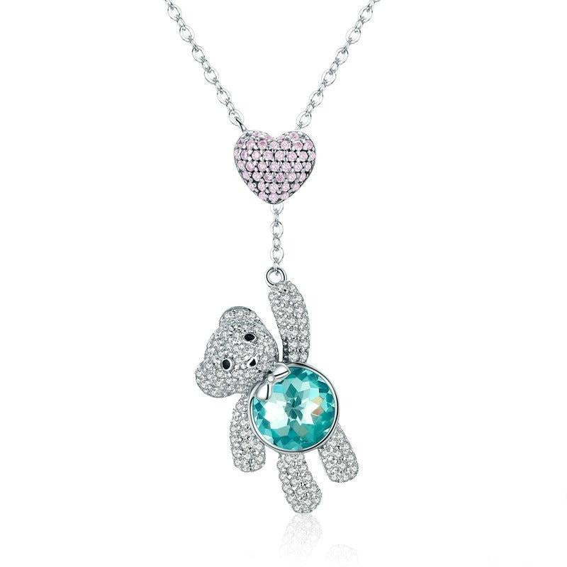Sterling Silver Pink Heart And Cute Bear Pendant Necklaces for Valentine&