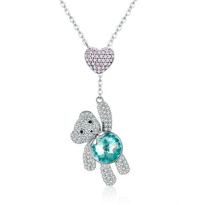 Sterling Silver Pink Heart And Cute Bear Pendant Necklaces for Valentine&