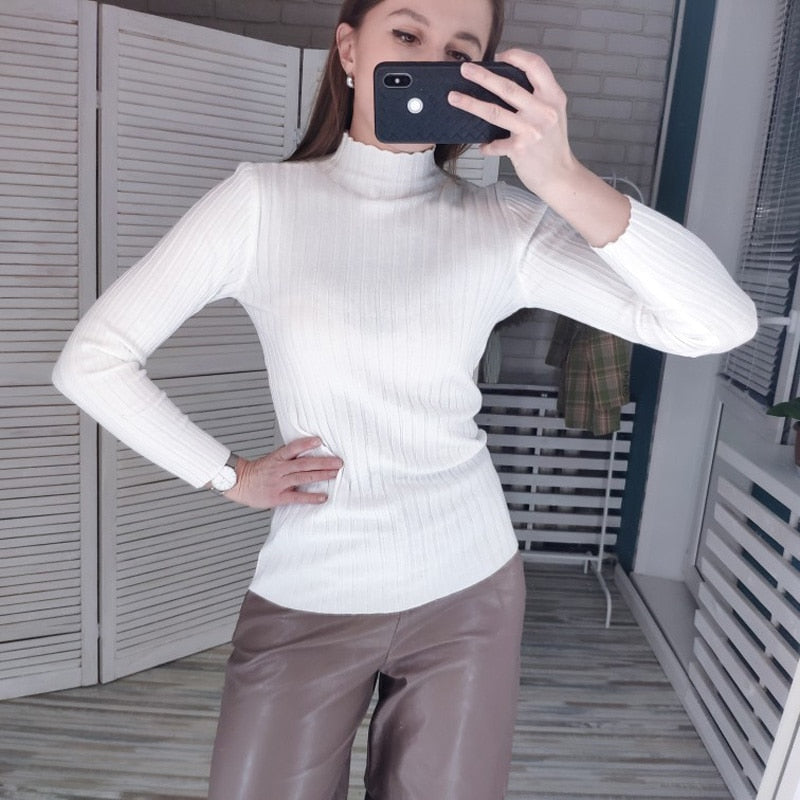 Pullover Ribbed Knitted Sweater Autumn Winter Clothes Women 2021 High Neck Long Sleeve