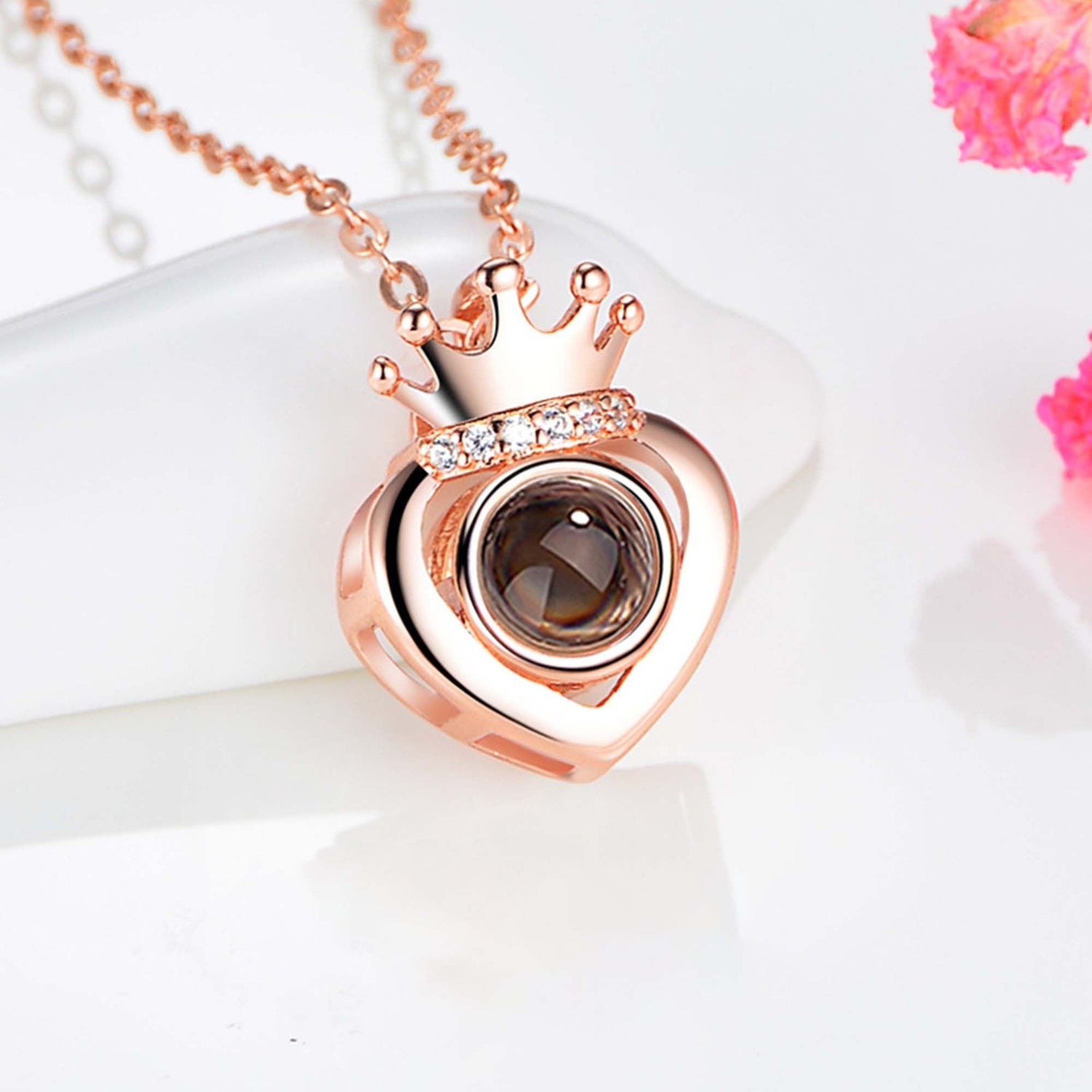 Rose Gold Silver Color 100 Languages I Love You Projection Heart Crown name Pendant Necklace Romantic Memory
