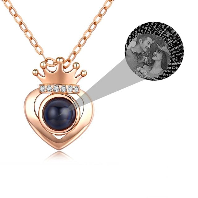 Customized Projection Photo Rose Gold Silver Color Projection Heart Crown Pendant Necklace