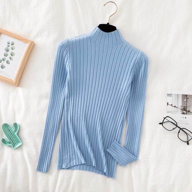 Pullover Ribbed Knitted Sweater Autumn Winter Clothes Women 2021 High Neck Long Sleeve