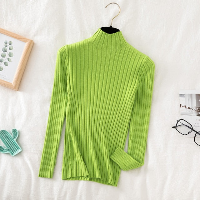 Pullover Ribbed Knitted Sweater Autumn Winter Clothes Women 2021 High Neck Long Sleeve