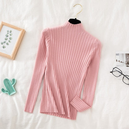 Pullover Ribbed Knitted Sweater Autumn Winter Clothes Women 2021 High Neck Long Sleeve