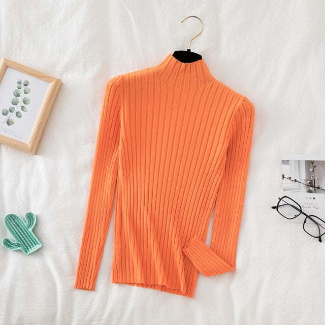 Pullover Ribbed Knitted Sweater Autumn Winter Clothes Women 2021 High Neck Long Sleeve