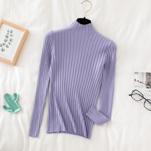 Pullover Ribbed Knitted Sweater Autumn Winter Clothes Women 2021 High Neck Long Sleeve