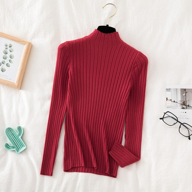 Pullover Ribbed Knitted Sweater Autumn Winter Clothes Women 2021 High Neck Long Sleeve
