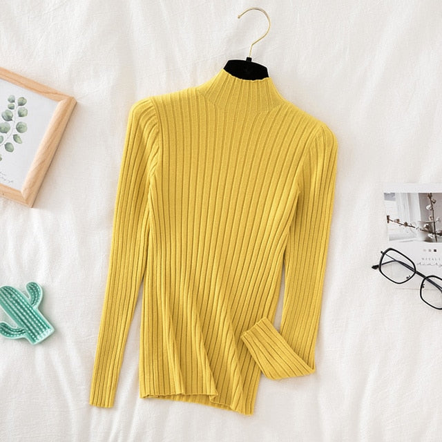 Pullover Ribbed Knitted Sweater Autumn Winter Clothes Women 2021 High Neck Long Sleeve