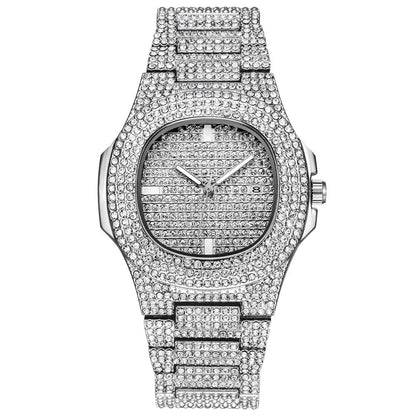Gold Necklace +Watch+Bracelet Miami Curb Cuban Chain Gold Full Iced Out Paved Rhinestones CZ Bling