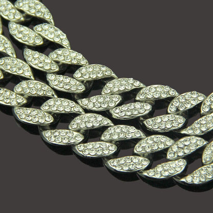 Gold Necklace +Watch+Bracelet Miami Curb Cuban Chain Gold Full Iced Out Paved Rhinestones CZ Bling