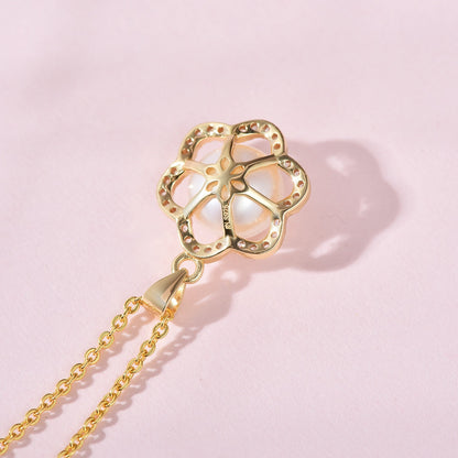Pearl White Natural Freshwater 8-9mm Silver Gold Plated Flower Zirconia Pendants Necklaces