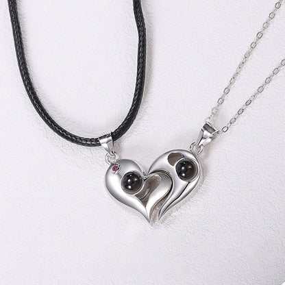 1 Pair Name Couple Heart Shape 100 Languages I Love You Projection Pendant Necklace