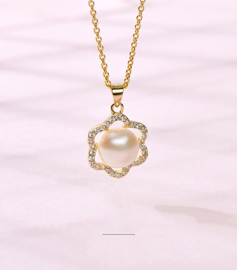Pearl White Natural Freshwater 8-9mm Silver Gold Plated Flower Zirconia Pendants Necklaces