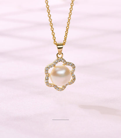 Pearl White Natural Freshwater 8-9mm Silver Gold Plated Flower Zirconia Pendants Necklaces
