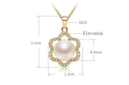 Pearl White Natural Freshwater 8-9mm Silver Gold Plated Flower Zirconia Pendants Necklaces