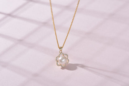 Pearl White Natural Freshwater 8-9mm Silver Gold Plated Flower Zirconia Pendants Necklaces