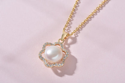 Pearl White Natural Freshwater 8-9mm Silver Gold Plated Flower Zirconia Pendants Necklaces
