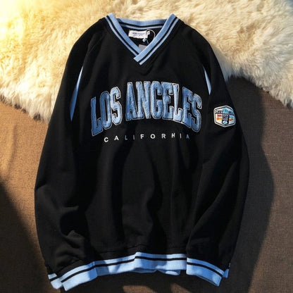 LOS ANGELES CALIFORHIA Embroidered Sweatshirts Oversized V Neck Pullovers