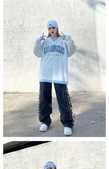 LOS ANGELES CALIFORHIA Embroidered Sweatshirts Oversized V Neck Pullovers