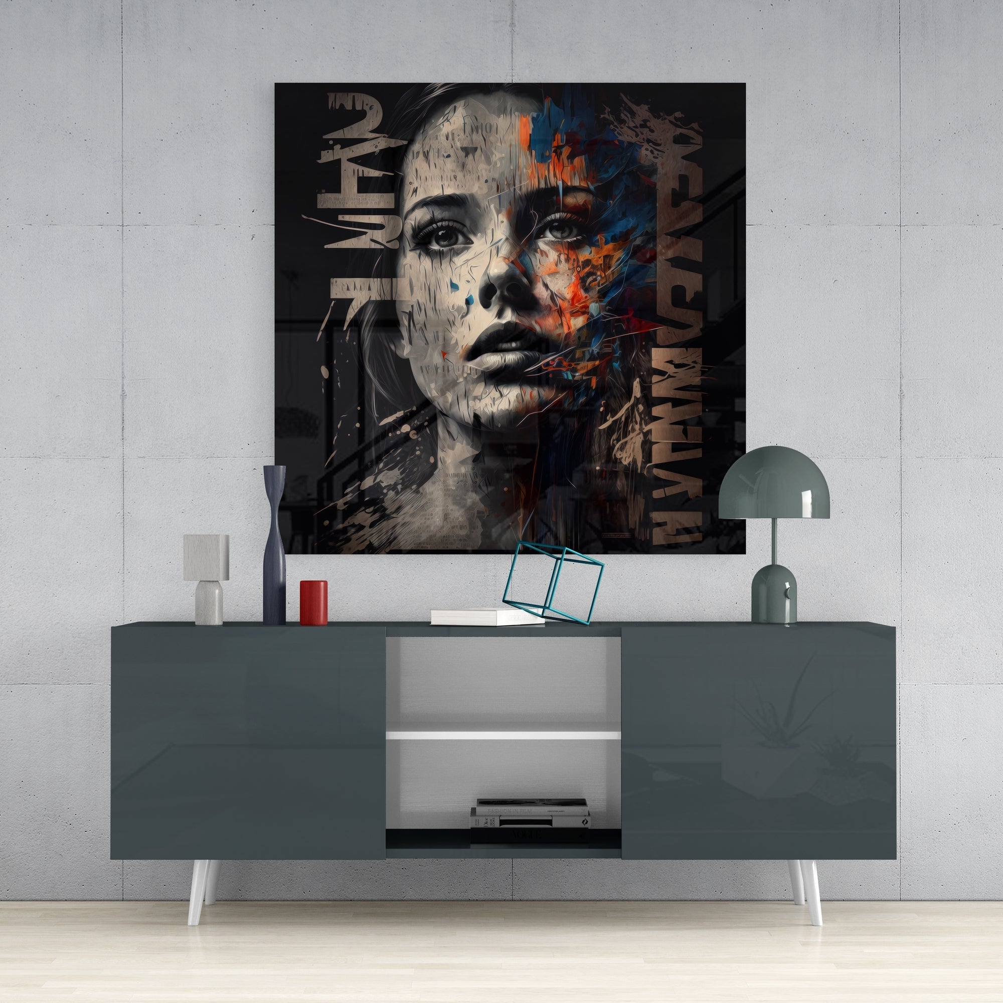 Black Graffiti Letters Woman Face Glass Wall Art