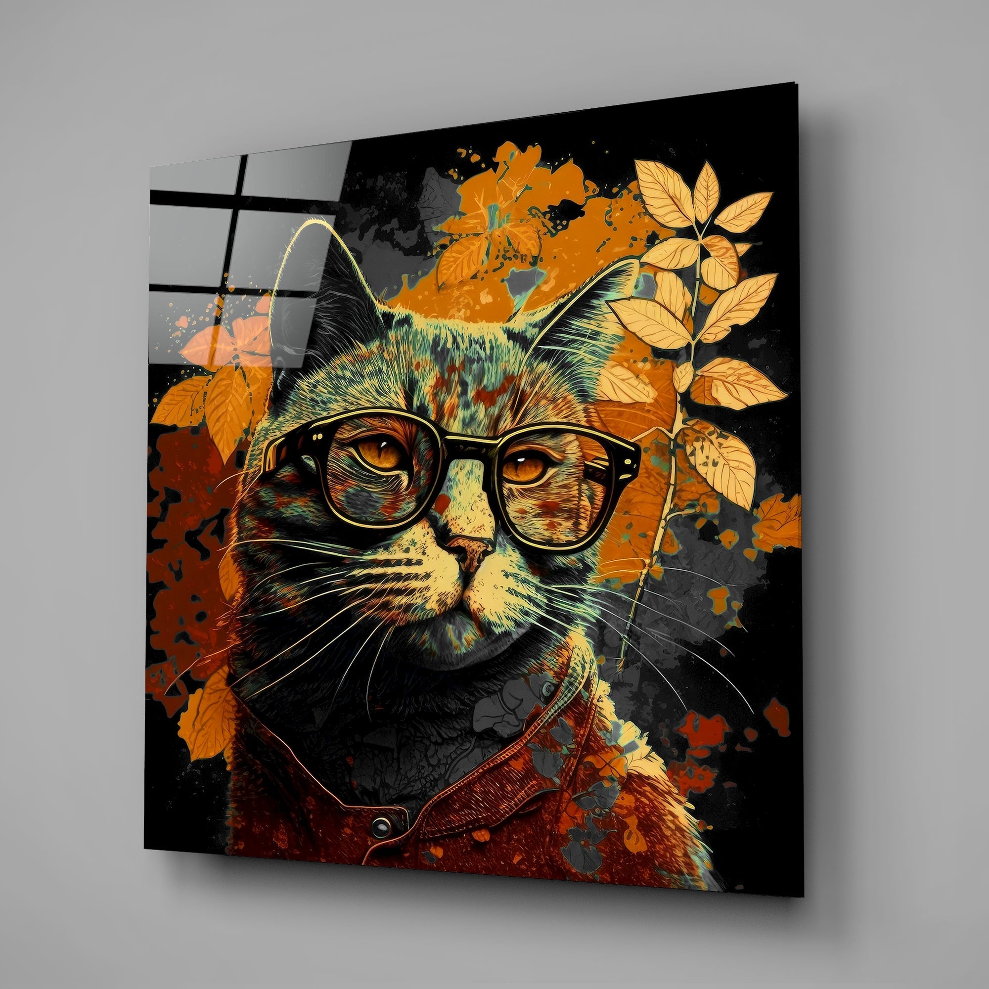 Black Backdrop Cat in Glasses Glass Wall Art