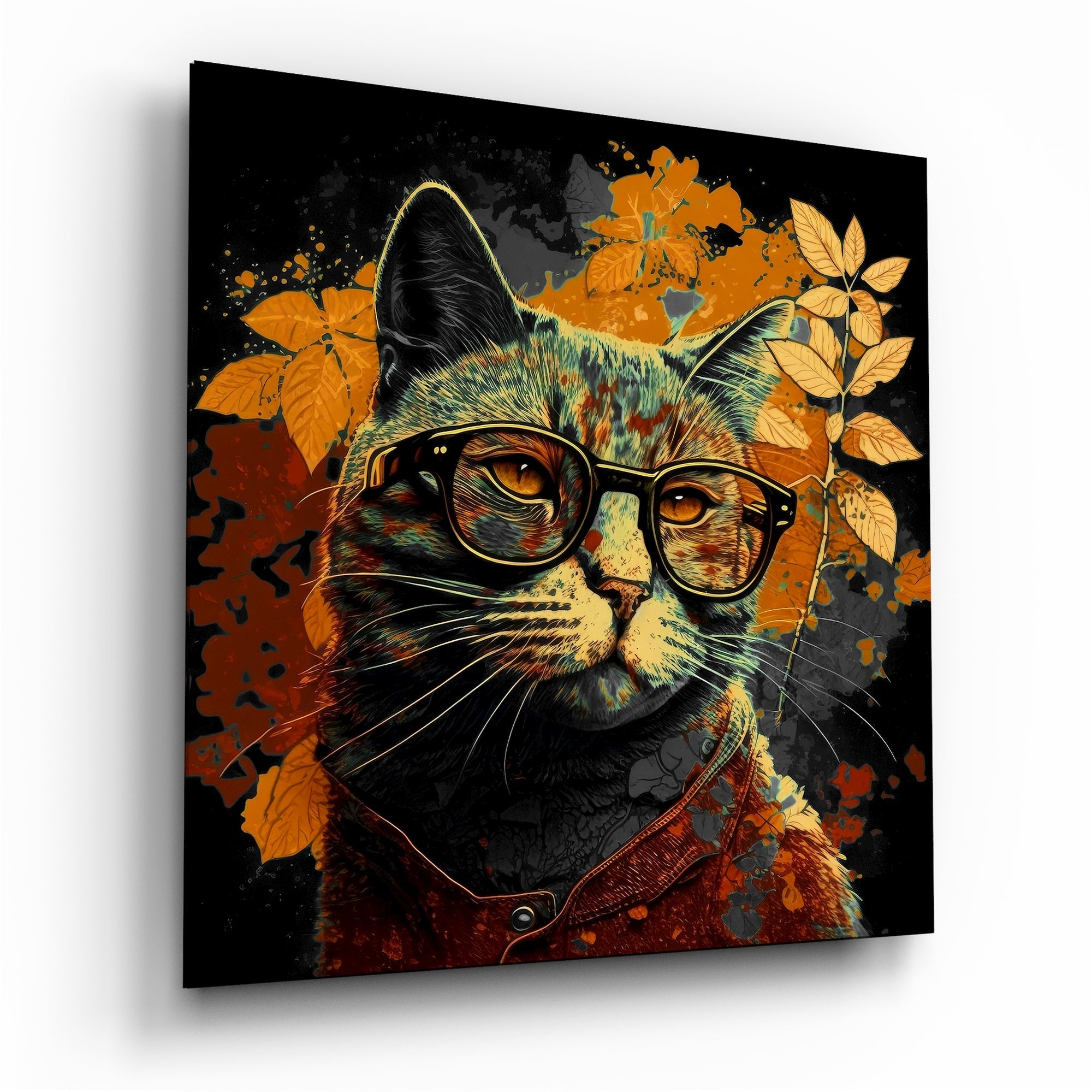 Black Backdrop Cat in Glasses Glass Wall Art