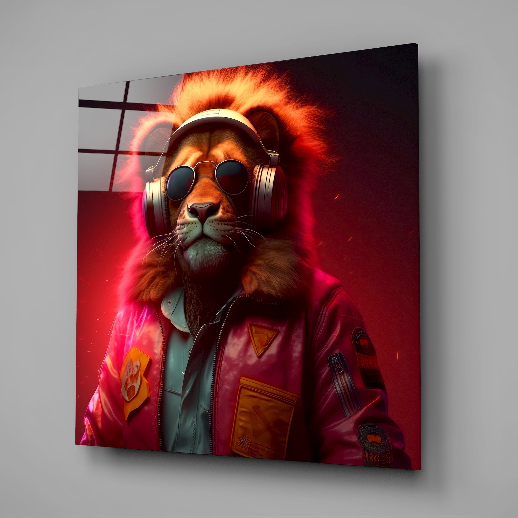 Pink Jacket Lion in Headphones Glass Wall Art