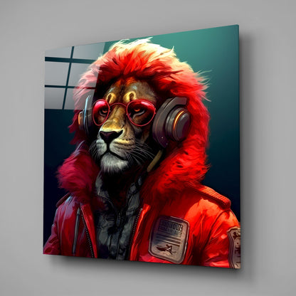 Red Fur Hood Lion Headphones Glass Wall Art