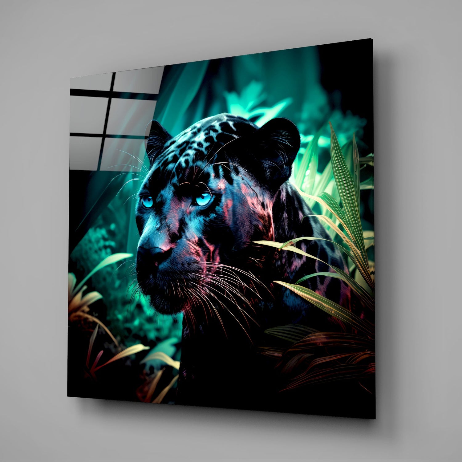Blue Eyed Panther in Jungle Glass Wall Art