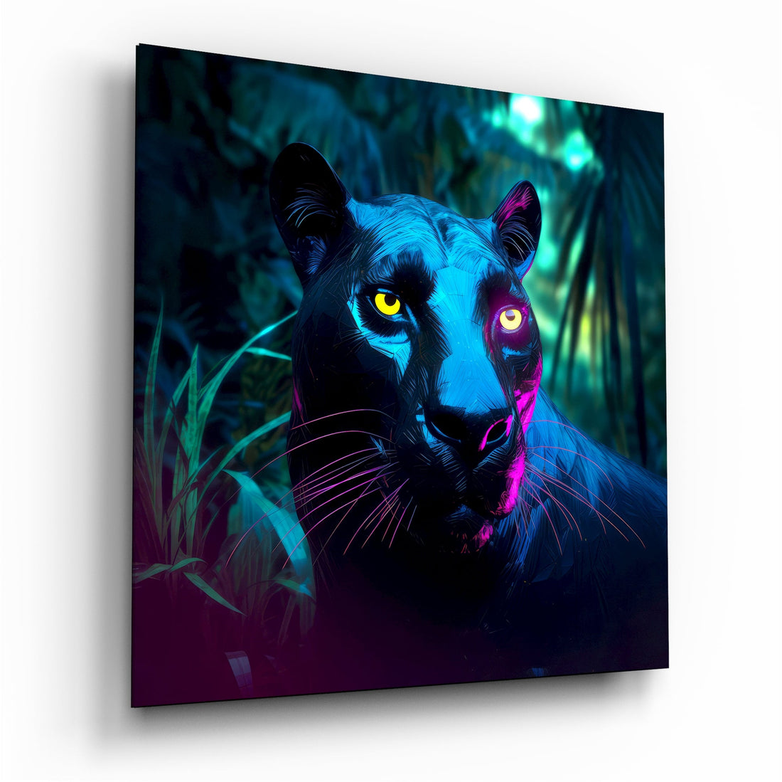Yellow Eyed Neon Panther Glass Wall Art