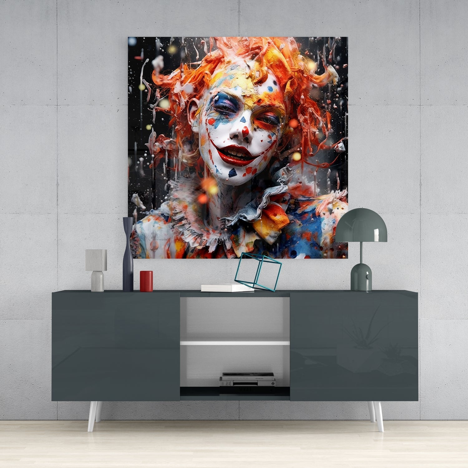 Orange Hair Paint Splash Circus Face Glass Wall Art