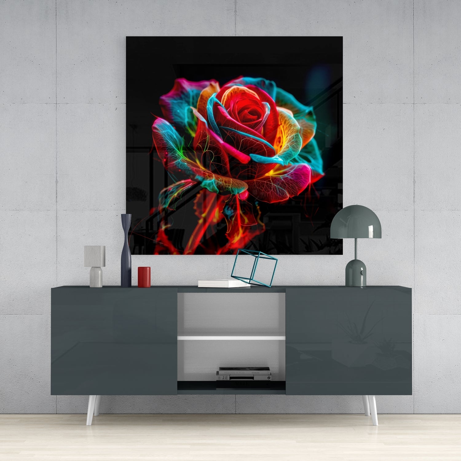 Vibrant Neon Multicolor Rose Glass Wall Art