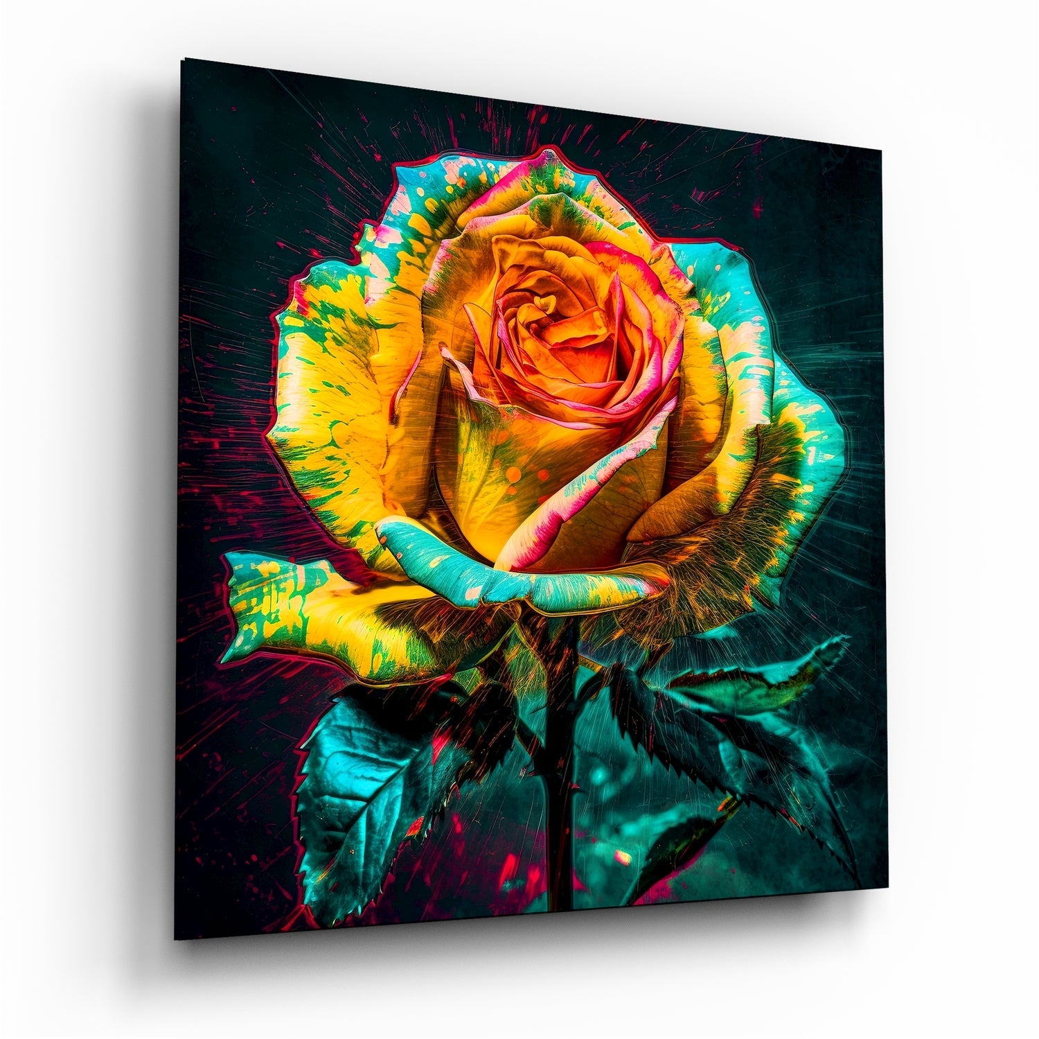 Pop Art Yellow Rose Splatter Glass Wall Art