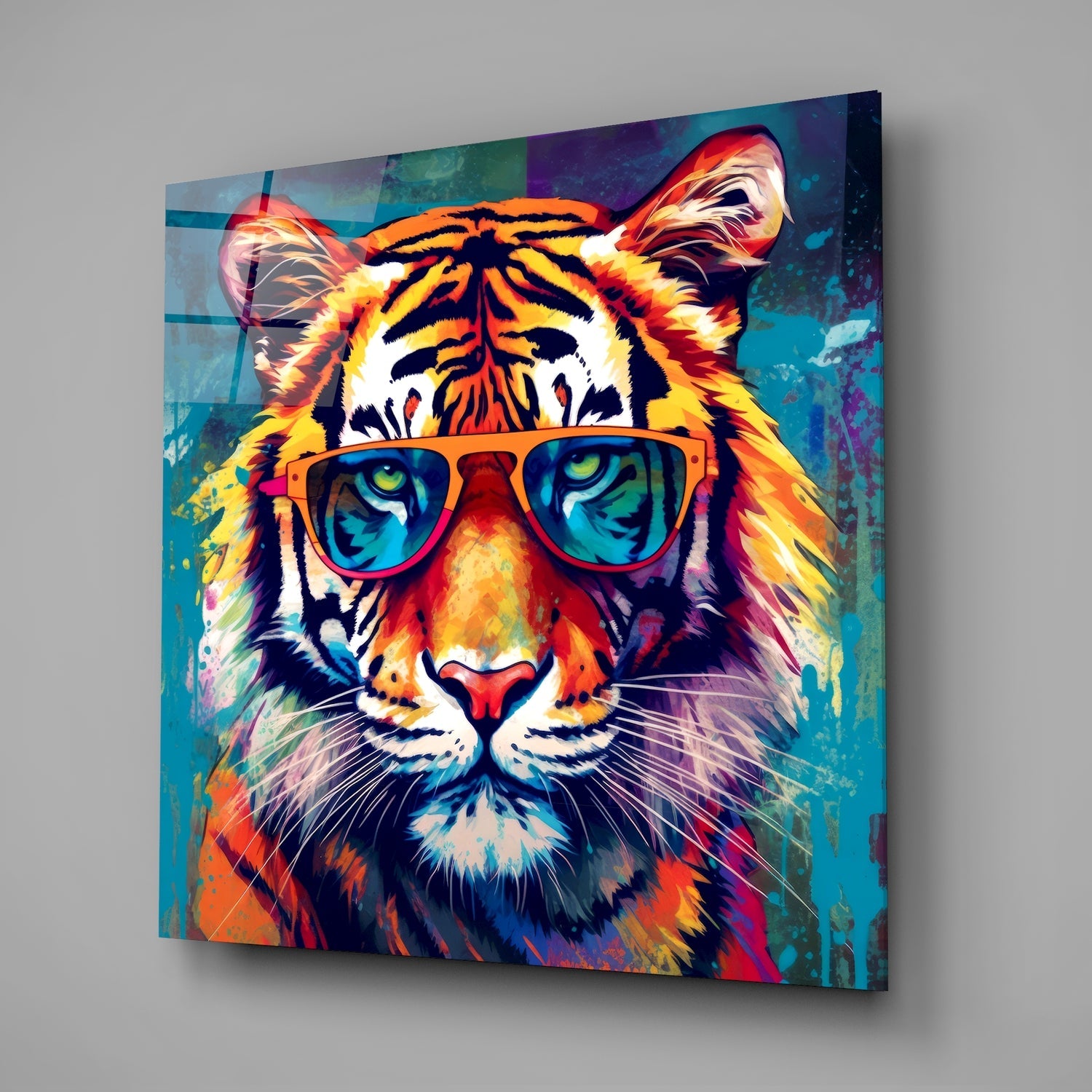 Teal Pop Tiger in Sunglasses Glass Wall Art