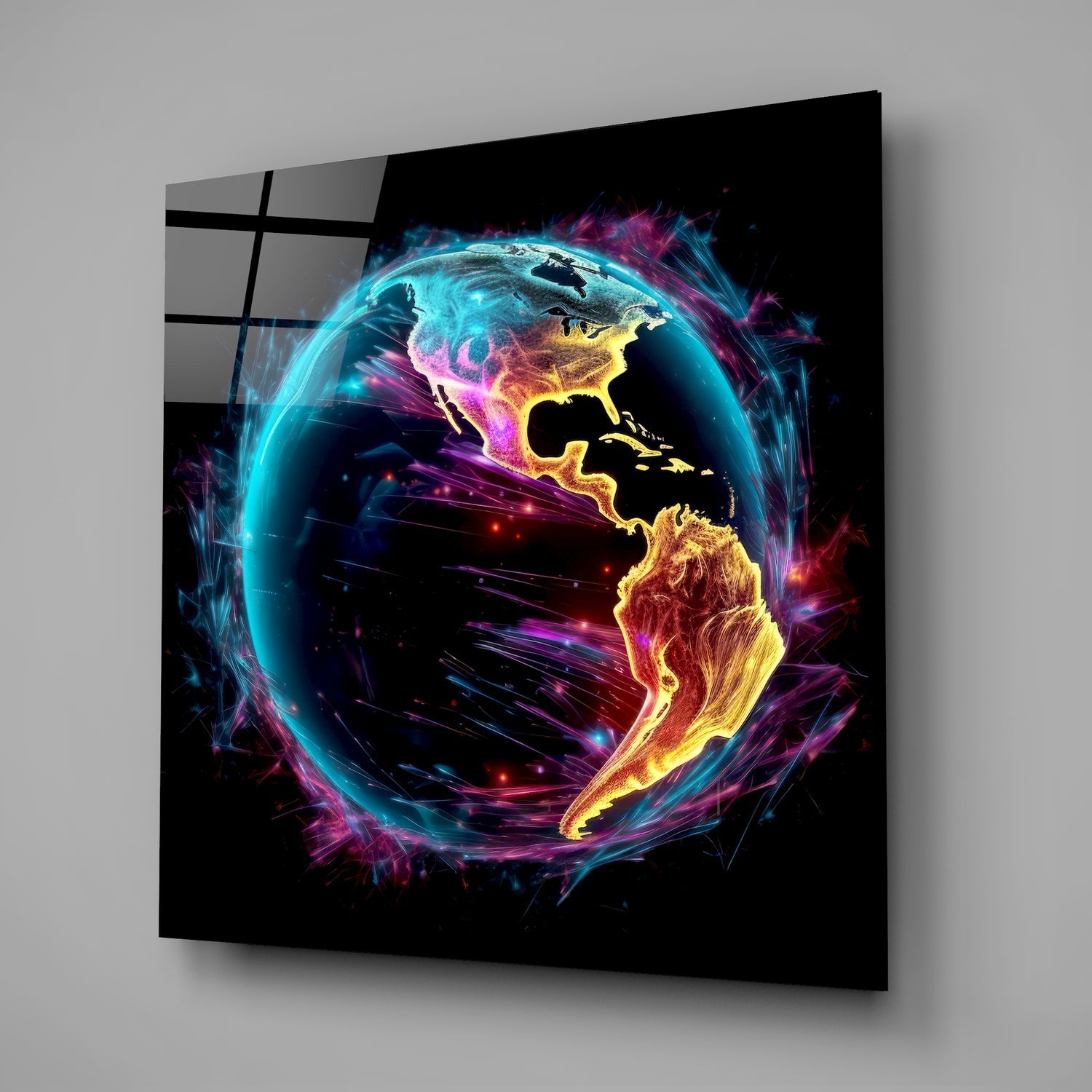 Neon Glowing Americas Globe Glass Wall Art
