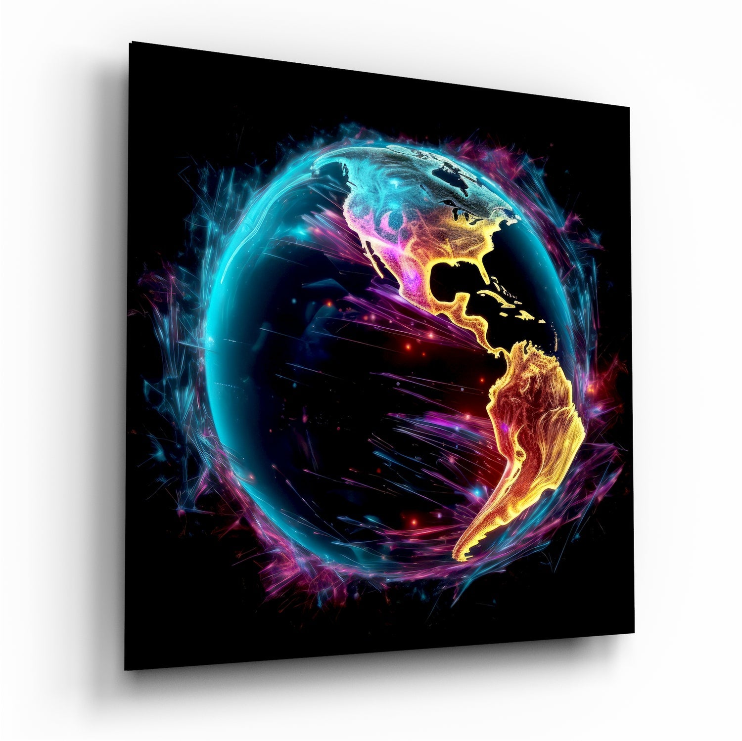 Neon Glowing Americas Globe Glass Wall Art