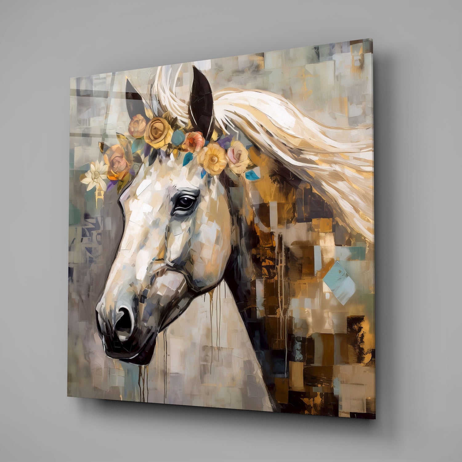 Golden Roses White Horse Glass Wall Art