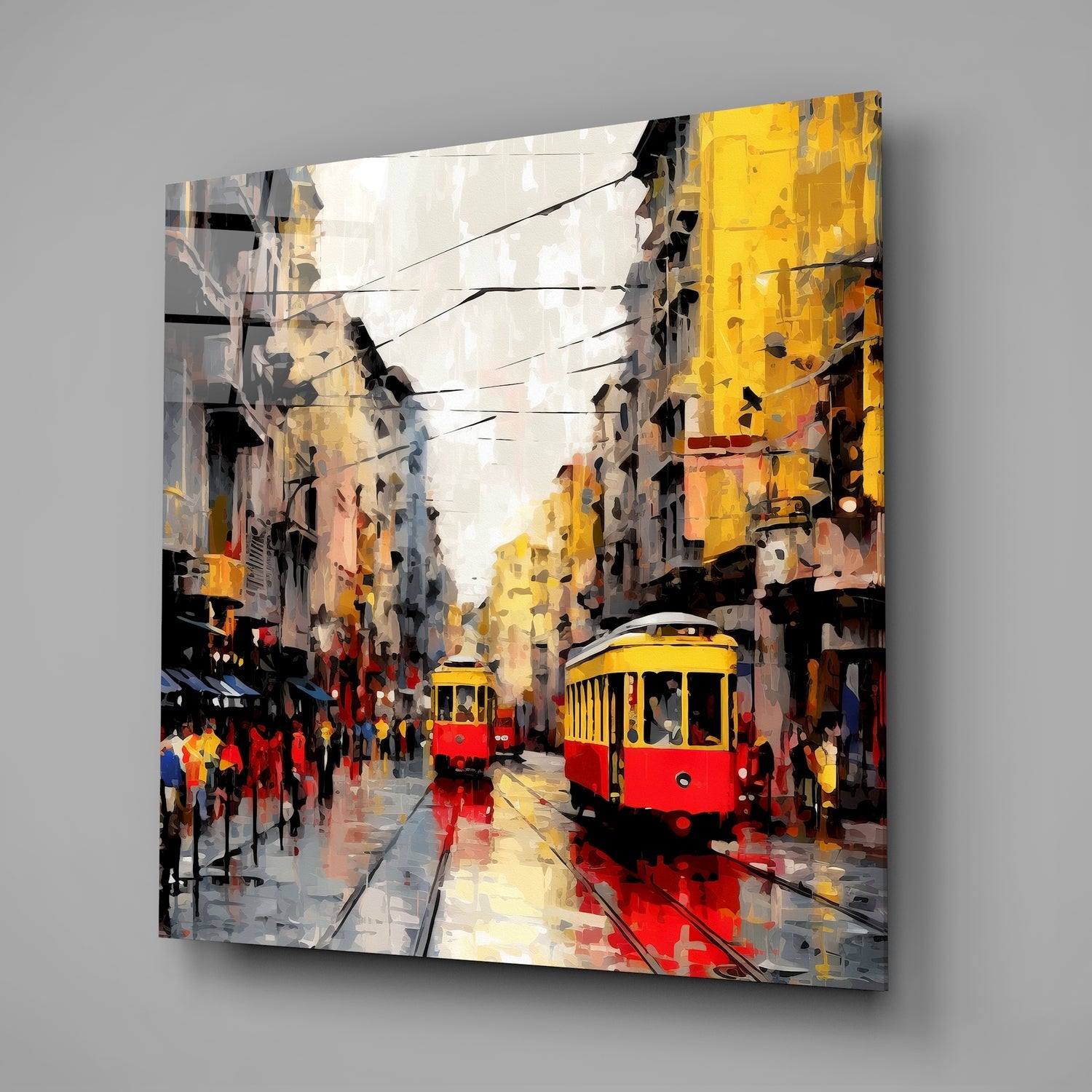 Yellow Tram Rainy Avenue Glass Wall Art