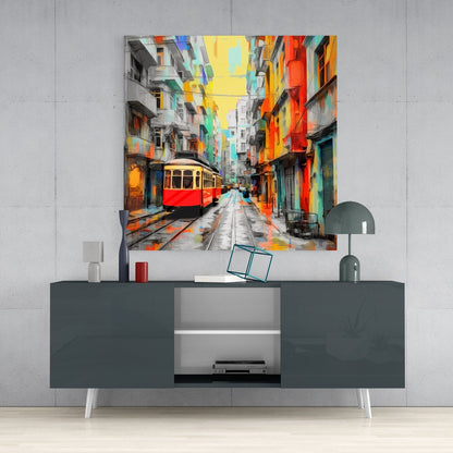 Red Tram Colorful Painted Street Glass Wall Art