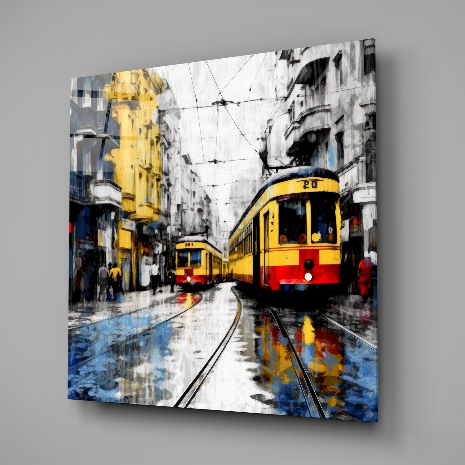 Two Trams Wet Tracks Glass Wall Art