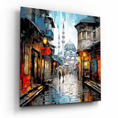 Rainy Mosque Street Lanterns Glass Wall Art
