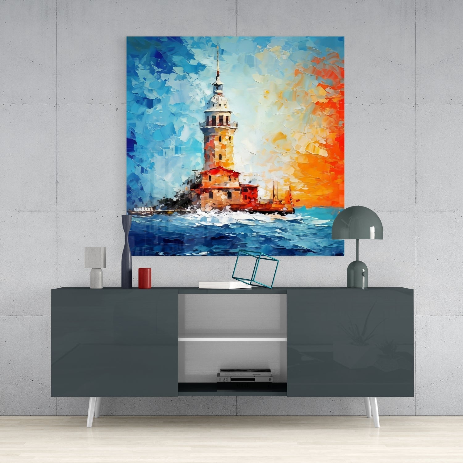 Palette Knife Blue And Orange Maidens Tower Glass Wall Art