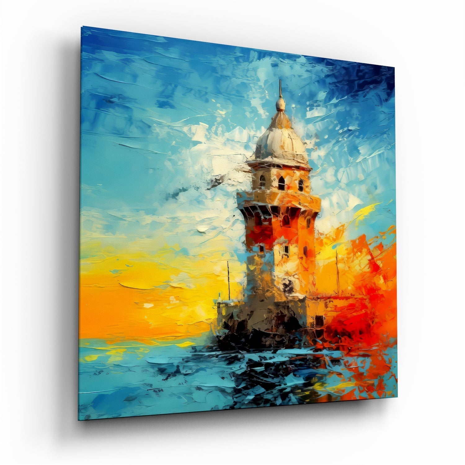 Impasto Yellow Sunset Maidens Tower Glass Wall Art