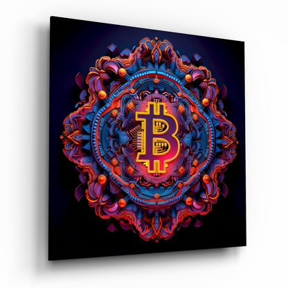 Neon Mandala Bitcoin Emblem Glass Wall Art