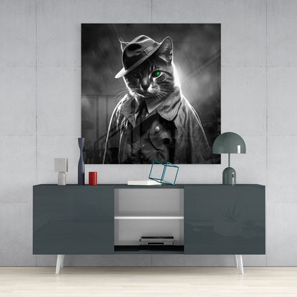 Detective Cat in Rain With Necktie Glass Wall Art