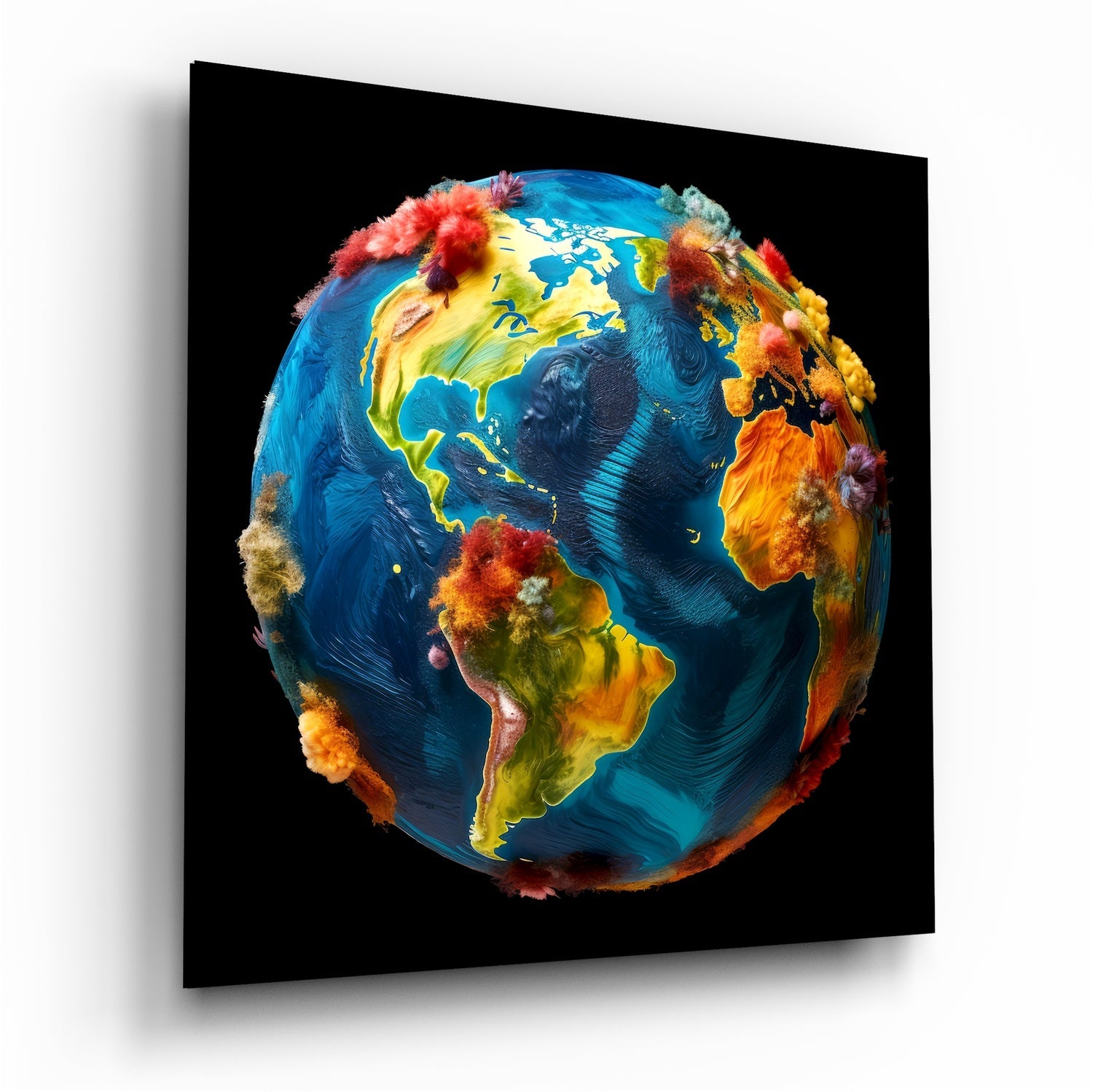 Painted Globe Color Bursts on Black Glass Wall Art