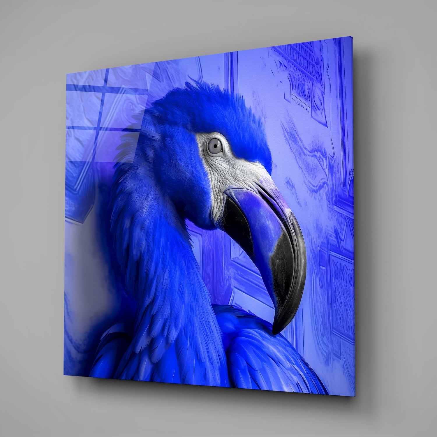 Electric Blue Feathered Flamingo Glass Wall Art