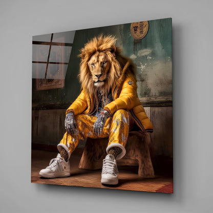 Lion In Yellow Puffer Jacket Sneakers Glass Wall Art