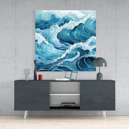 Cresting Teal Ocean Waves Glass Wall Art