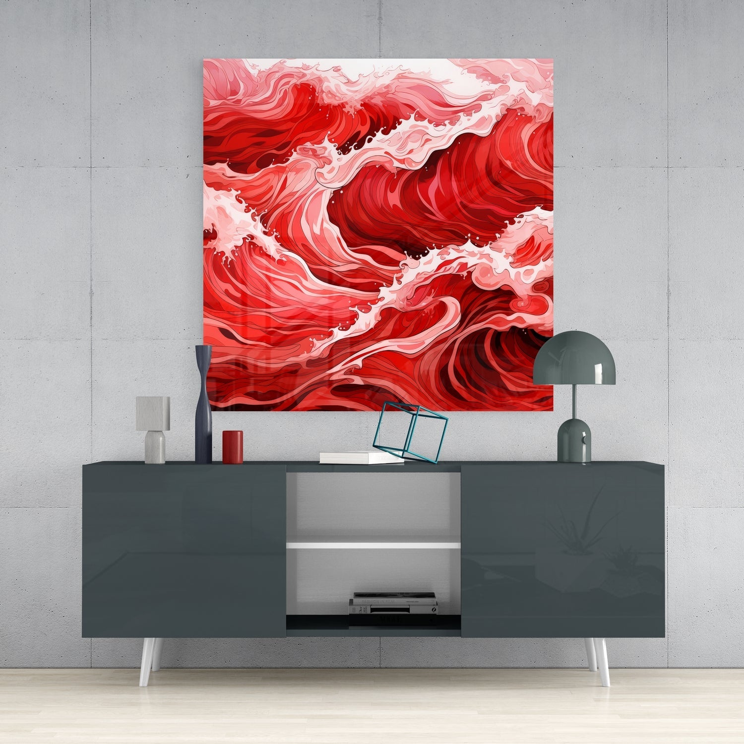 Red Waves Glass Wall Art|| Designer&